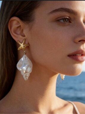 Gold Starfish and Pearl Drop Earrings - Elegant White Pearlescent Finish